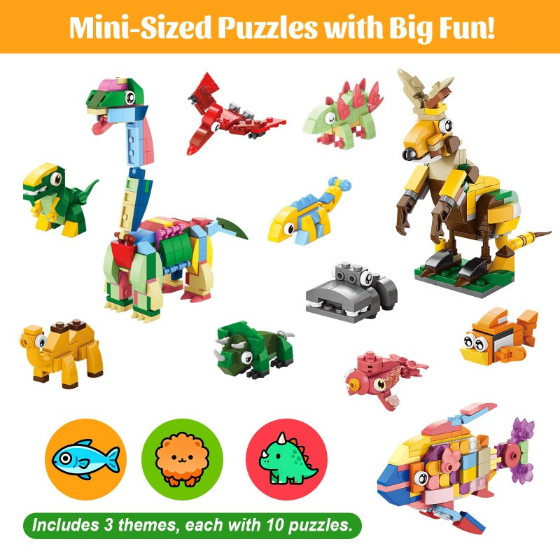 GOLDGE 30 Packs Animal Party Favors for Kids, 999+ PCS Mini Building Blocks, 3 Styles Dinosaur/Sea/Forest 10-in-1 Models, Goodie Bag Fillers, Classroom Treasure Box Toys for Boys & Girls Ages 6+ - Image 2
